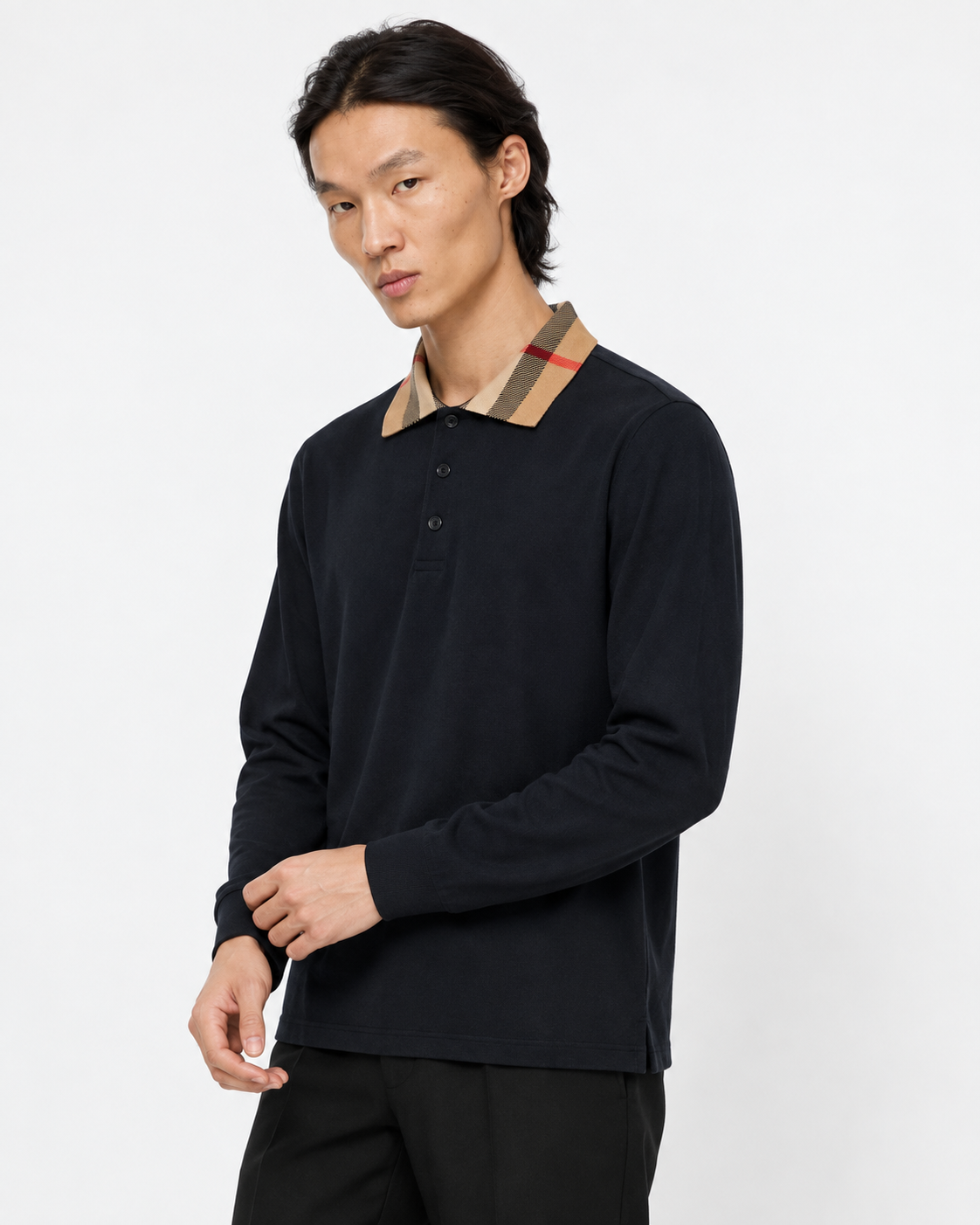 BBR Long Sleeve Check Collar Cotton Polo Shirt - Navy